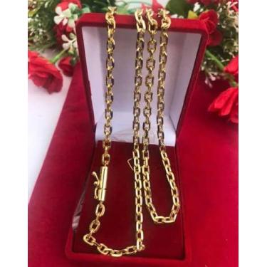 Imagem de Cordão Cadeado Feixe Bomba 70 cm com Pingente de Cruz, Aço Banhado a Ouro 18k, Fecho Gaveta, Cor Dourada