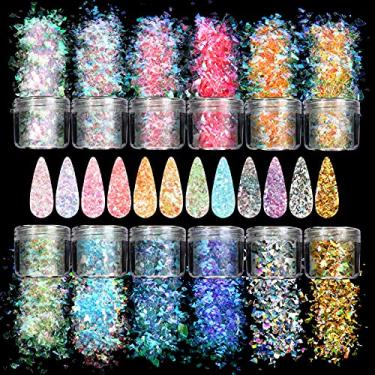 Imagem de Allstarry 12 cores de sereia, unhas grossas com glitter, ultrafino, papel de vidro fluorescente, irregular, iridescente, lantejoulas, flocos de glitter, adesivo para decoração de unhas, cabelo, olhos, rosto, corpo, artesanato