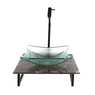 Imagem de KIT CUBA DE VIDRO QUADRADA 10MM INCOLOR COM TAMPO DE VIDRO 40CM X 40CM MÁRMORE IMPERDADOR E SUPORTE PRETO