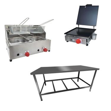 Imagem de Kit Lanchonete Mesa de Manipulação 120x55cm + Fritadeira a Gás 2 Cuba + Chapa a Gás 30cm Alcamar