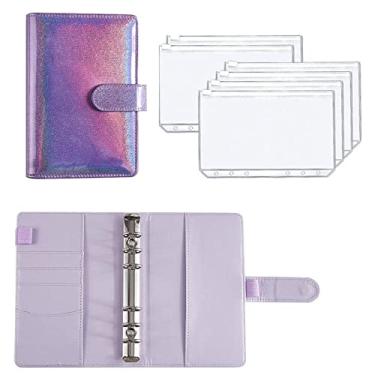 Imagem de Caderno A6 Planner Orçamento Caderno de Couro PU Folhas Soltas Capa de Caderno 6 Buracos Fichário Bolsos Fichário Plástico Zíper Envelope, Glitter Roxo