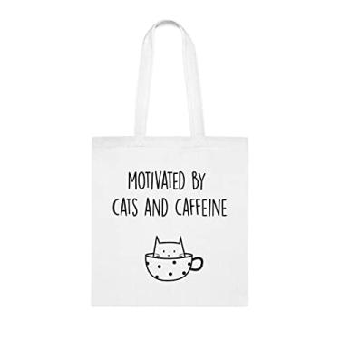 Imagem de Motivated By Cats And Cafeína, Sacola Engraçada, Bolsa de Ombro, Sacolas Reutilizáveis, Cesta de Aniversário de Natal, Branco