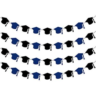 Imagem de Guirlanda de formatura de feltro, azul e preto – Pacote com 4, não faça você mesmo | Decorações de chapéu de formatura para decoração de festa de graduação de 2021 | Artigos de festa de formatura do 8º ano