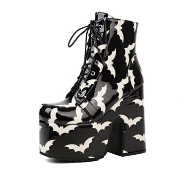 Imagem de Botas femininas plataforma no tornozelo Chunky Block gótico com cadarço salto alto punk motocicleta botas de combate,Black,5 UK/38 EU