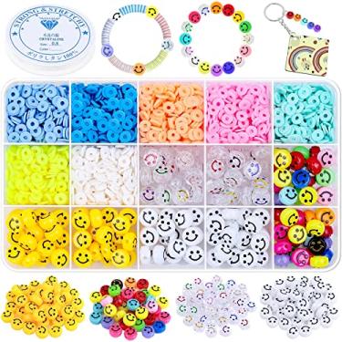 Imagem de Paleris 1600 peças de contas de argila e rosto sorridente 6 mm espaçador de polímero redondo plano Heishi Kit com 200 peças de cordão elástico acrílico sorriso para artesanato DIY