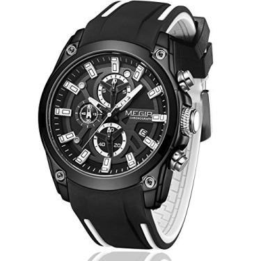 Imagem de Relógios esportivos masculinos de quartzo MEGIR com cronógrafo, luminoso, calendário automático, pulseira de silicone com função à prova d'água, Black-White