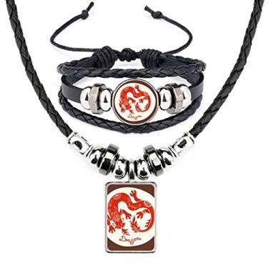 Imagem de Year Of Dragon Animal China Zodíaco Pulseira de couro vermelho conjunto de joias