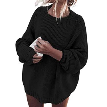 Imagem de Suéter pulôver quente solto feminino tricotado grosso gola redonda clássico outono inverno cáqui P