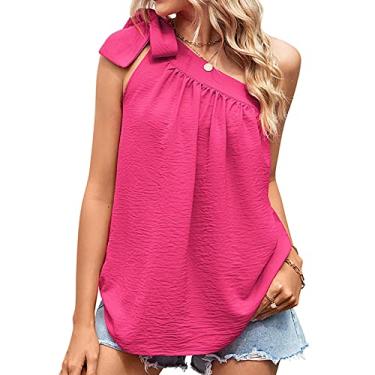 Imagem de Camiseta feminina sem mangas, um ombro com laço e laço top colete ombro de fora camisas casuais streetwear, rosa, P (busto: 91 cm)