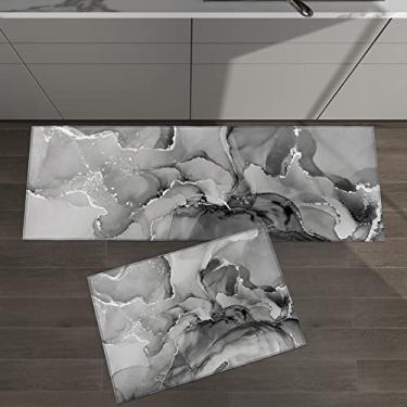 Imagem de Conjunto de 2 tapetes de cozinha com textura de mármore abstrata gradiente preto cinza para tapetes acolchoados e tapetes antiderrapantes absorventes corredor confortável tapete de pé