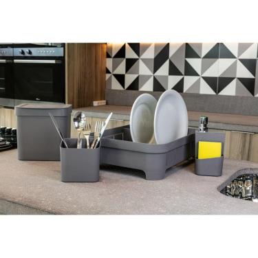Imagem de Kit Cozinha Escorredor De Louças Talheres Lixeira 4,7L Organizador De Pia Bancada Cinza - Ou