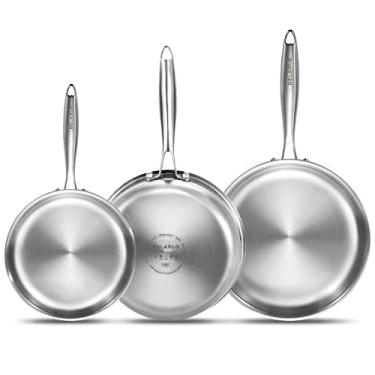 Imagem de DELARLO Conjunto de frigideiras de aço inoxidável com três camadas, 20,3 cm/25,4 cm/30,5 cm, conjunto de utensílios de cozinha, frigideira de chef de aquecimento rápido com alças ergonômicas, adequado