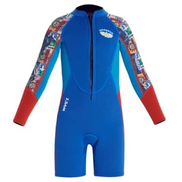 Imagem de Roupa de mergulho de neoprene de 2,5 mm para crianças meninos crianças maiô quente manga longa shorts de uma peça roupa de banho com zíper frontal proteção UV traje de mergulho Rash Guard azul P