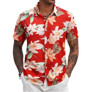 Imagem de COOFANDY Camisa masculina havaiana floral tropical abotoada verão praia, Várias flores vermelhas, G