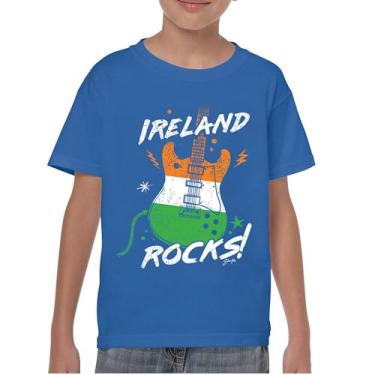 Imagem de Camiseta juvenil Ireland Rocks Guitar Flag St Patrick's Day Shamrock Groove Vibe Pub Celtic Rock and Roll Cravo infantil, Azul, G