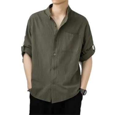 Imagem de Camisa masculina de verão fina estilo chinês de algodão e linho manga curta camisa de linho casual solta cor sólida masculina, Army En8, GG
