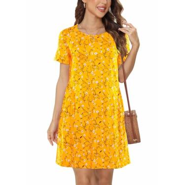 Imagem de Duppoly Vestidos femininos casuais de verão para mulheres, túnica, rodado, solto, plissado, camiseta, vestido para mulheres, Amarelo F64, G