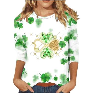 Imagem de Camiseta feminina do Dia de São Patrício com estampa da bandeira irlandesa túnica verde gola redonda básica, Bege, XXG