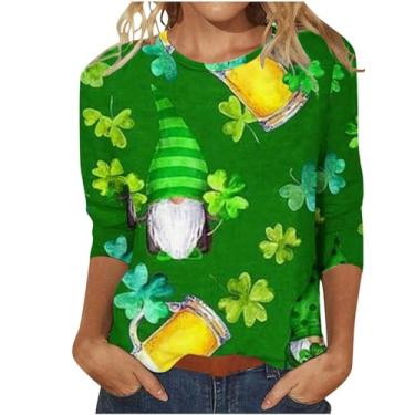 Imagem de Camiseta feminina do Dia de São Patrício com estampa da bandeira irlandesa americana túnica verde manga 3/4 camisetas tops, Roxa, XXG