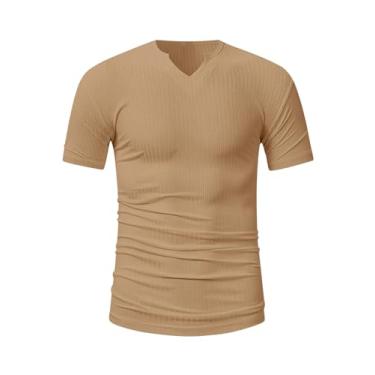 Imagem de WDIRARA Camiseta masculina de malha canelada com gola V entalhada, manga curta, camiseta de verão, Caqui, XXG
