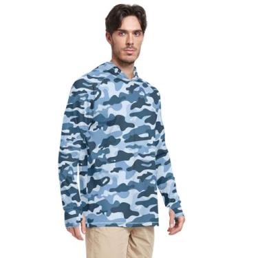 Imagem de Moletom masculino com capuz proteção solar manga longa camuflagem FPS 50 + camisetas masculinas Rash Guard UV, Azul, XXG