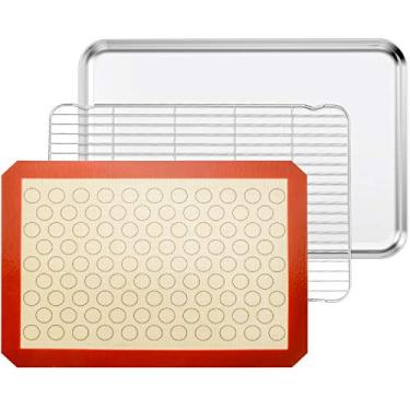 Imagem de Conjunto de assadeira e assadeira de resfriamento Bastwe, panela de aço inoxidável de 16 polegadas com uma prateleira, utensílios de cozinha profissionais, saudável e não tóxico e à prova de ferrugem e fácil de limpar e lavável na máquina de lavar louças, Metal Silver, 20 inch with Rack and Mat