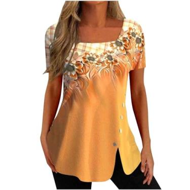 Imagem de Camiseta feminina de verão com estampa floral de gola quadrada blusa de botão dividido lateral blusa de manga curta ajuste solto, Amarelo, GG