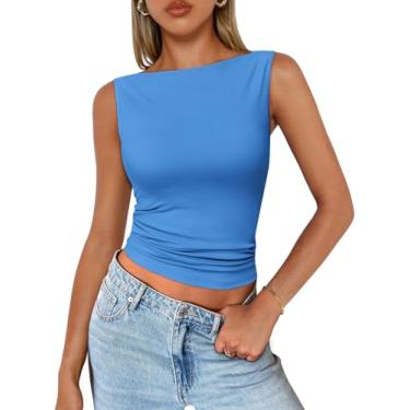 Imagem de Trendy Queen Regata feminina casual primavera verão básica fofa 2024 camiseta sem mangas Y2K moda roupas, Azul, GG