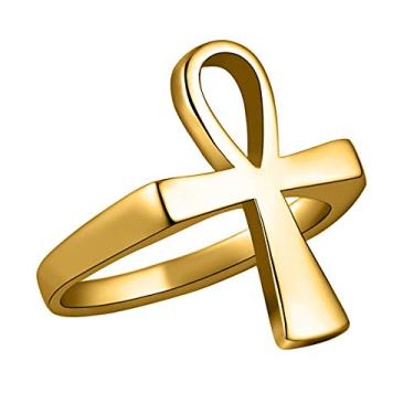 Imagem de Anel de esfera de aço inoxidável com pingente religioso da Cruz Ankh do Egito Antigo e Retrô da HZMAN Dourado