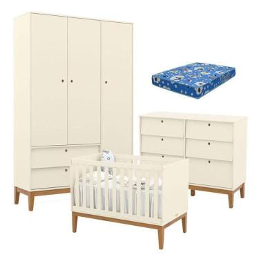 Imagem de Quarto de Bebe Unique 3 Portas com Cômoda 6 Gavetas Off White Eco Wood e Colchão Ortobom - Matic