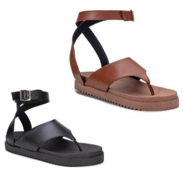 Imagem de Kit 2 Pares Sandália Feminina Luxo Flat Tiras Chinelo Plataforma Confortável Caramelo e Preto-Feminino