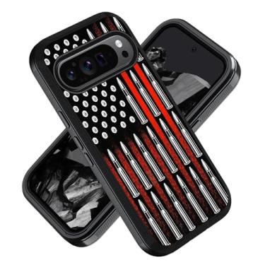 Imagem de ZXHSBROK Capa para celular Google Pixel 9 Pro XL, capa protetora contra quedas à prova de choque de grau militar 3 camadas para Google Pixel 9 Pro XL (2024), bandeira americana e balas
