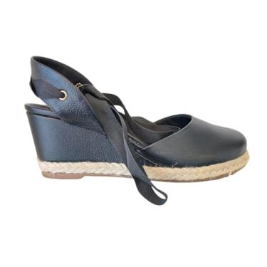 Imagem de 365 Soft, Sandália Anabela Feminina em Couro Preta Salto Médio Corda Cor:Preto;Tamanho:36