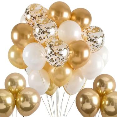 Imagem de Conjunto de 50 balões para festas, cromo dourado, pérola branca e confetes dourados, balões de látex natural de 30 cm para decorações de festa, aniversário, decoração de chá de bebê, fita ondulada de
