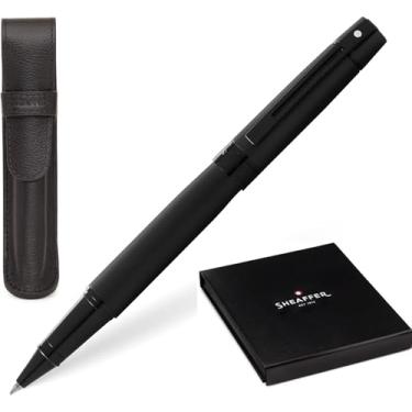 Imagem de Sheaffer Caneta de laca preta fosca 300 com acabamentos PVD e conjunto de presente com bolsa combinando (rollerball)