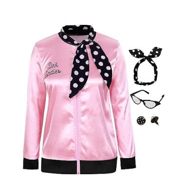Imagem de Edinoy 1950s Pink Satin Jacket with Scarf Earrings Cat Eye Glasses Halloween Women's Cosplay Costume (Pink+black-XX-Large)