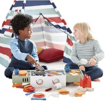 Imagem de Cozinha Infantil Acampamento de Brinquedo em Madeira com Mini Fogão Dobrável, Fogueira, Frigideira, Comidinhas e Utensílios Realísticos - 36 Peças