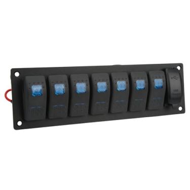 Imagem de Painel de interruptores de balancim de 7 gangues, painel de interruptores marítimos à prova d'água IP66 com carregador USB duplo retroiluminado azul para carros, Rvs, motocicletas, barcos, SUVs, ATVs,