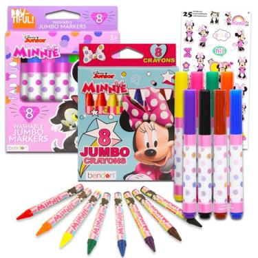 Imagem de Conjunto de colorir Minnie Mouse – Pacote com 8 marcadores jumbo e 8 giz de cera e adesivos jumbo | Material de arte escolar Disney para crianças