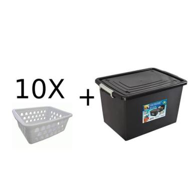 Imagem de Kit 10 Cestos Multiuso Branco + Caixa Organizadora  56 L - Uninjet