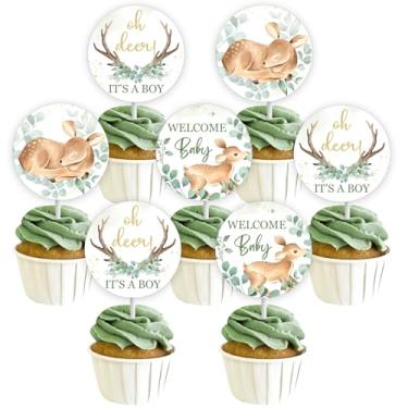 Imagem de Sursurprise Deer Baby Shower Decorations for Boy, 24 Pieces Oh Deer It’s A Boy Cupcake Toppers, Welcome Baby Cupcake Picks Green, Deer Woodland Animal Baby Shower Party Supplies