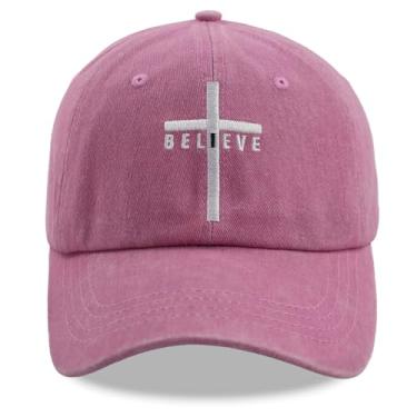 Imagem de Tacoesha Chapéu Christian Jesus Believe, boné de beisebol religioso de algodão ajustável bordado, Rosa bordado, Tamanho �nica