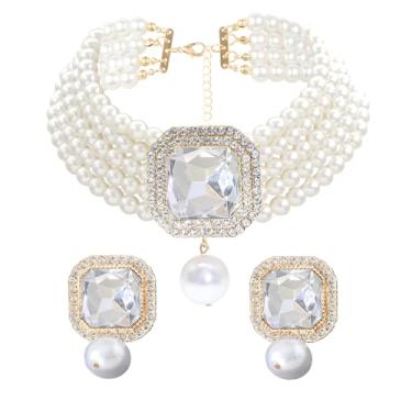 Imagem de JNF Colar gargantilha de pérola banhada a ouro 14k para mulheres colar e brincos de cristal strass pérola declaração colar e brincos nupciais pérolas diamante conjunto de joias para casamento, X-Large