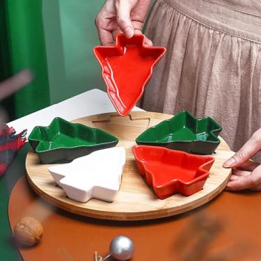 Imagem de ROSE CREATE Conjunto de bandejas de aperitivo giratórias de 27 cm, 5 peças de pratos coloridos de sobremesa com uma tábua de bambu rotativa, tigela de salada de cereais alimentares, prato de cerâmica