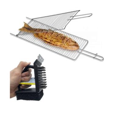 Imagem de Grelha dupla inox dobrável e escova limpa fácil churrasco - Araminas