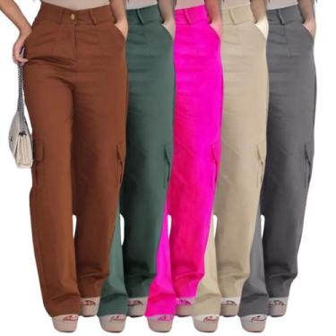 Imagem de Calça Feminina Pantalona Cargo Sarja com Bolsos Laterais P ao G - Umuh