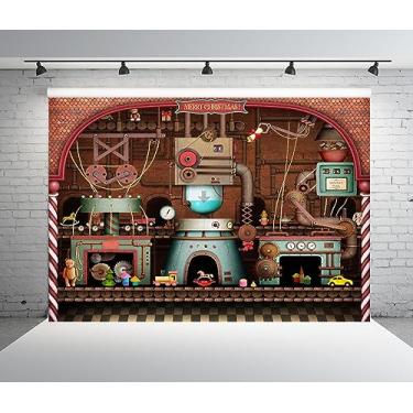Imagem de BELECO 2,1 x 1,5 m Tecido Vintage Papai Noel Fábrica Pano de Fundo Antigo Estilo Steampunk Máquinas Antigas Brinquedos Presentes Fundo de Correio do Papai Noel para Fotografia Decorações de Festa de