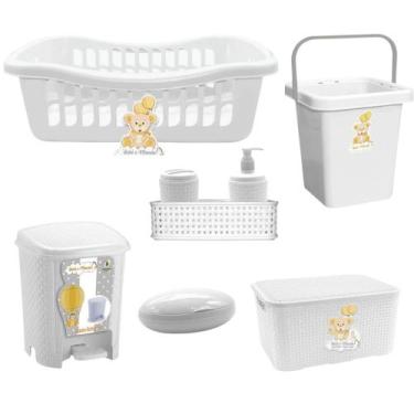 Imagem de Kit 6 peças Quarto Bebê kit Higiene Cesto Organizador Caixa Rattan Lix