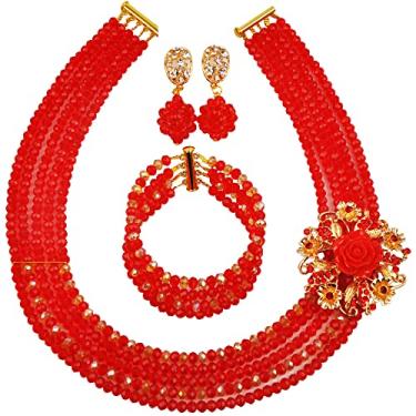 Imagem de Conjunto de joias com miçangas nigerianas aczuv 5 fileiras, colar e brincos de cristal com contas de casamento africanas 18 inches first layer