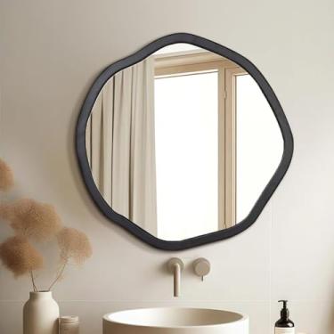 Imagem de ULIKE Espelho redondo de madeira, espelho de vaidade preto assimétrico de 76 cm com moldura de madeira, suporte de parede decorativo moderno para banheiro, quarto, sala de estar, entrada